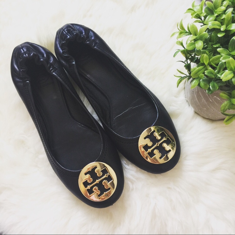 Tory Burch Black & Gold Leather Reva Flats